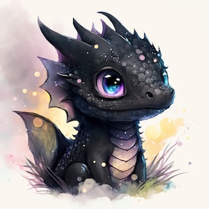 Dragon Watercolor Clipart Nursery Decor Black Baby Dragon Watercolor Cute Animal Dragon Watercolor Clipart -DIGITAL DOWNLOAD