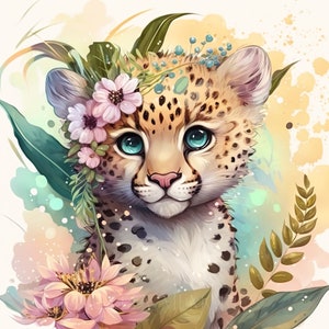 Clipart de acuarela de leopardo, decoración de guardería, bebé leopardo, acuarela, lindo animal bebé, flores, clipart de acuarela, decoración de pared - DESCARGA DIGITAL