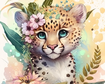Leopard Watercolor Clipart Nursery Decor Baby Leopard Watercolor Cute Baby Animal Flowers Watercolor Clipart Wall Decor-DIGITAL DOWNLOAD