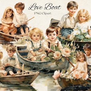 Vintage Paar im Boot Clipart 6 PNG Dateien Aquarell Liebespaar Clipart Romantik Mädchen und Junge Retro Vintage Illustration Junk Journal