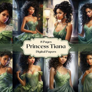 Prinses Tiana digitaal papier aquarel prinses scrapbooking sprookjesachtige junk journal papier fantasie achtergronden kinderkamer