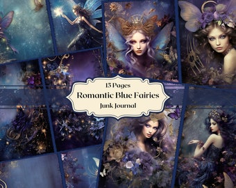 Romantic dark blue fairy digital paper blue gold fairies backgrounds scrapbook paper rococo junk journal paper fantasy journal