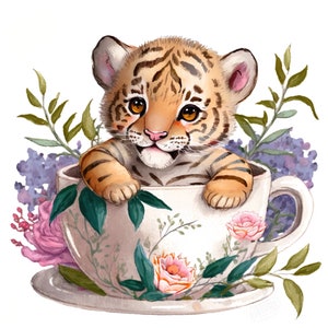 Tiger Watercolor Clipart Nursery Decor Baby Tiger Watercolor Cute Baby Tiger in Cup Flowers Watercolor Clipart Wall Decor -DIGITAL DOWNLOAD