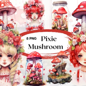 Aquarel paddestoel Pixie clipart 8 PNG-bestanden Fantasy clipart sprookjesachtige illustratie Red Fairy Forest paddestoel pot clipart ongewenste dagboek scrapbook