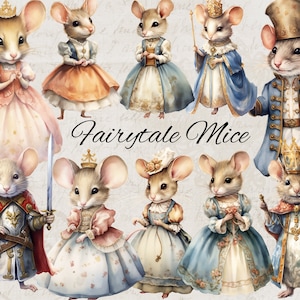Aquarela Conto de Fadas Ratos Clipart 10 Arquivos PNG Princesa Mouse Clipart Príncipe Mouse Clipart Ilustração Vintage Junk Journal Scrapbooking