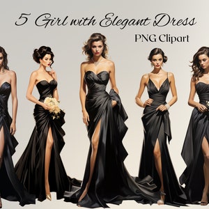 Femme élégante aquarelle Clipart 5 fichiers PNG femme avec robe de soirée noire mode Clipart mode Illustration Clipart Bundle téléchargement numérique
