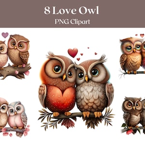 Clipart de corujas fofas - 8 arquivos PNG de alta qualidade Corujas amorosas Animais fofos Dia dos Namorados DOWNLOAD DIGITAL Criação de cartão de scrapbooking