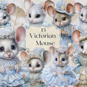 Victorienne petite souris Clipart 13 fichiers PNG aquarelle petite souris avec robe bleue Vintage Illustration Junk Journal Scrapbooking