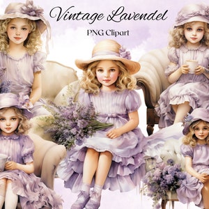 Vintage Chica con Lavanda Púrpura Clipart 17 Archivos PNG Acuarela Niñas Flores Púrpuras Ilustración Vintage Clipart Junk Journal