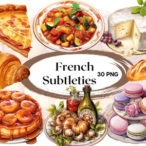 Acquerello cibo francese Clipart 30 file PNG specialità francesi Baguette Croissant Macaron Souffle Junk Journal Scrapbooking