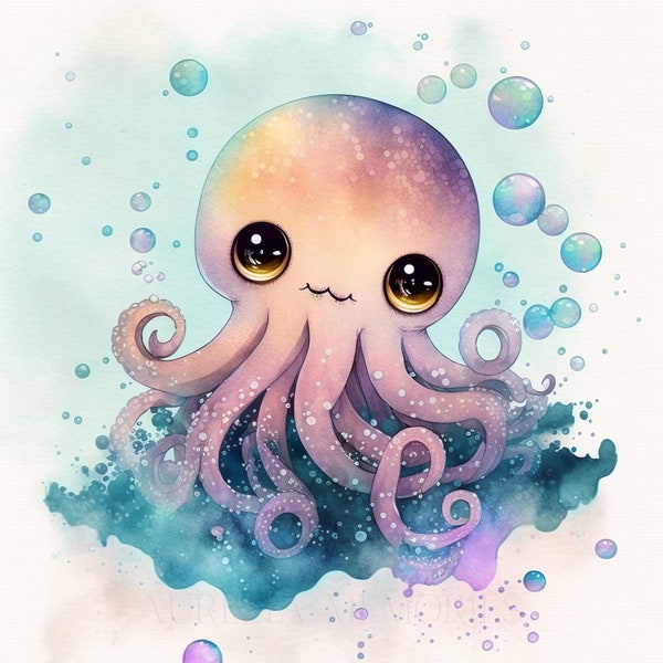 Squid Watercolor Clipart Underwater World Watercolor Art Baby Octopus Watercolor Cute Baby Animal Octopus Watercolor Clipart -DIGITAL DOWNLOAD