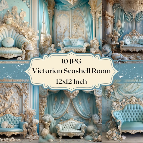 Victorian Seashell Room Clipart 10 JPG Watercolor Cream Blue Digital Paper Vintage Room Scrapbooking Antique Journal Backgrounds