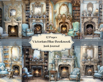 Victorian Pastel Blue Book Corner Digital Paper Vintage Fireplace Scrapbooking Rococo Book Corner Junk Journal Paper Shabby Chic