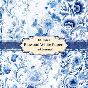 Azul blanco elegancia papel digital flores fondo de pantalla papel de álbum de recortes azul blanco patrón papel de diario basura fondos texturizados