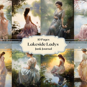 Romántico Ladys Papel Digital Acuarela Mujeres Romance Papel Scrapbooking Mujeres en el Lakeside Junk Journal Fondos Vintage
