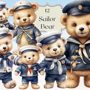 Mignon ours en peluche Clipart 12 fichiers PNG aquarelle nautique ours en peluche été Clipart Vintage Illustration marin ours Junk Journal Scrapbooking