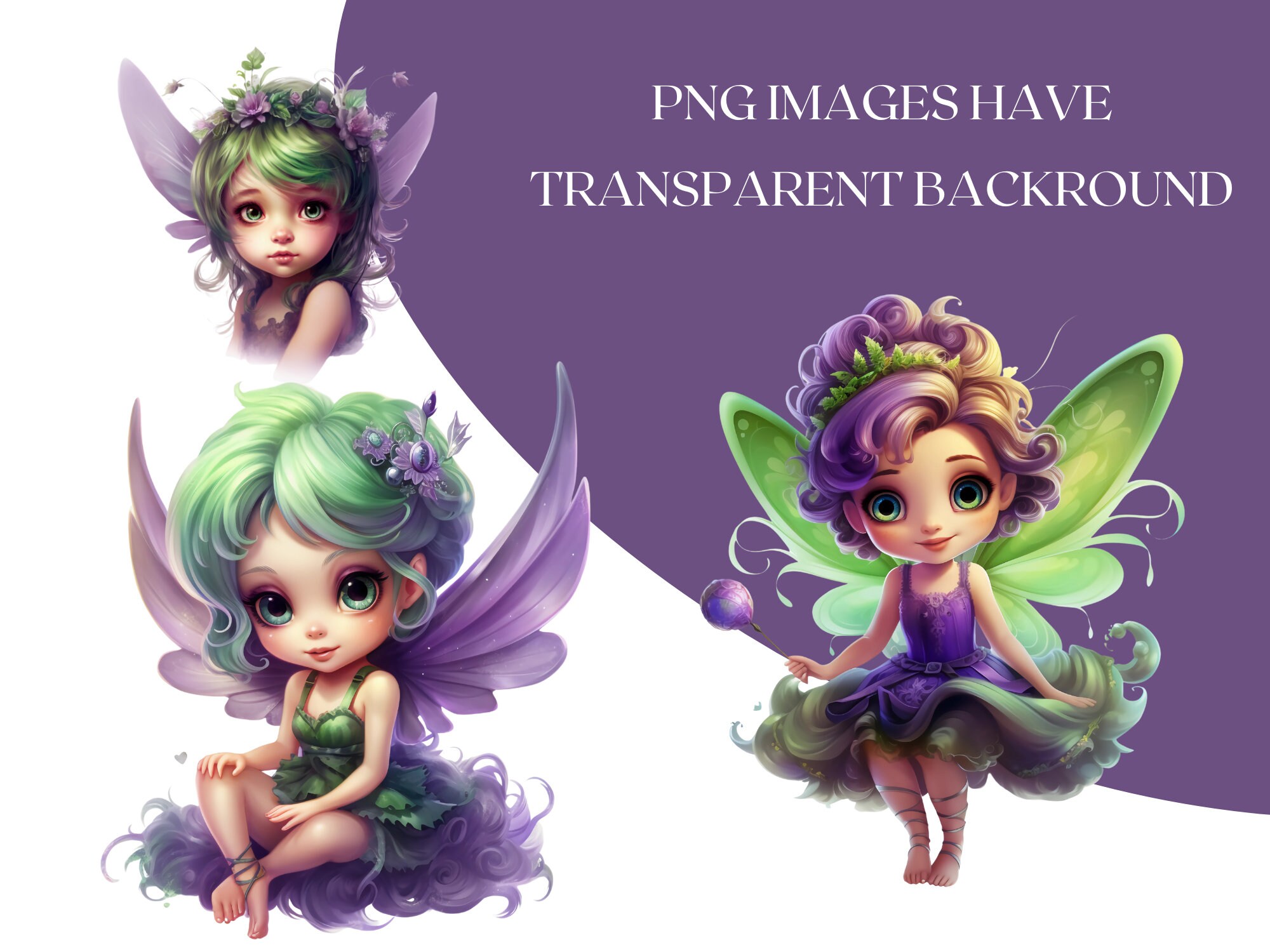 Cute Fairy Clipart 9 PNG Files Watercolor Purple Green Little - Etsy UK