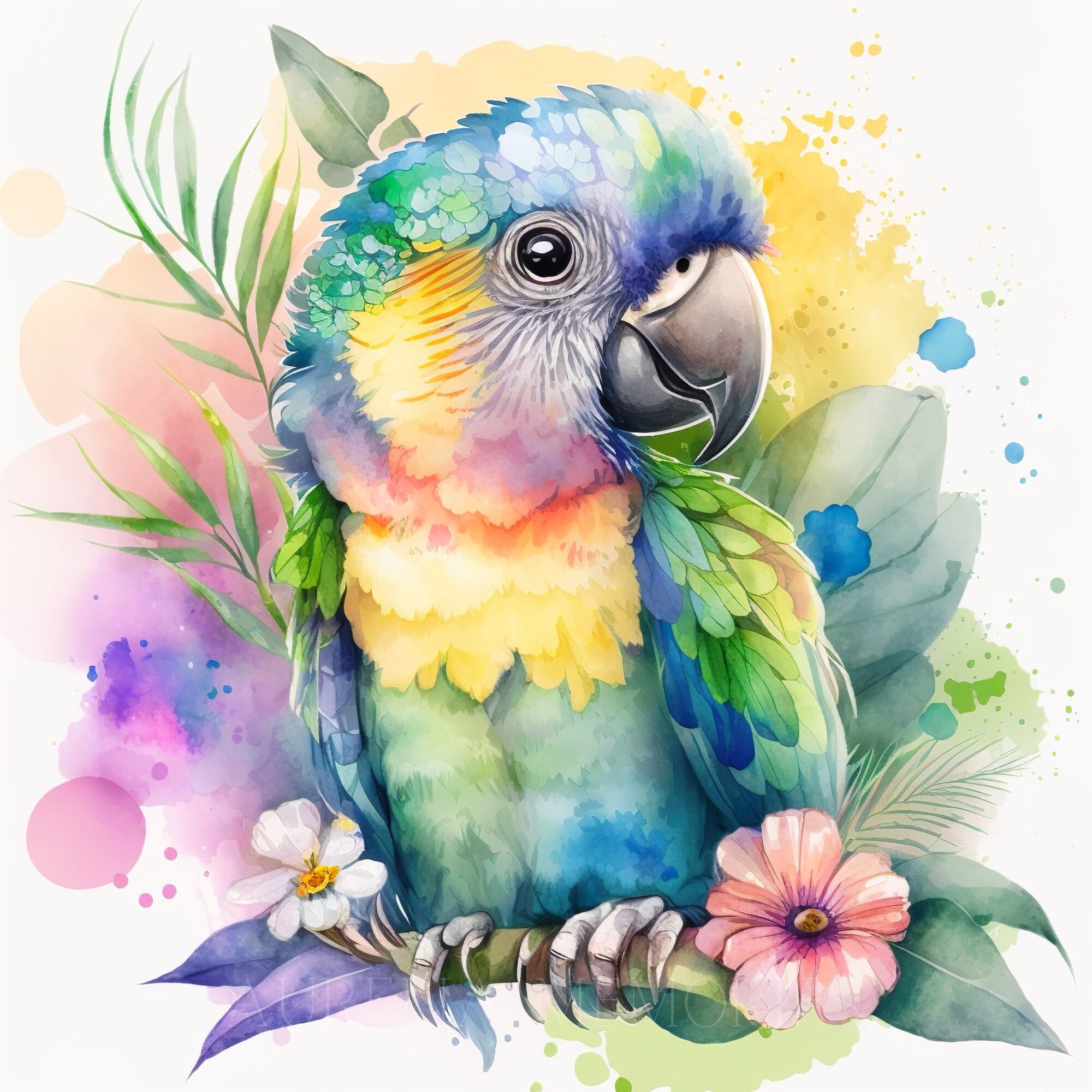 水彩画　鳥　「密林の宝石」　〜溢れる生命力〜 オウムの水彩画クリップアート 保育園の装飾 オウムの水彩画 かわいい
