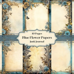 Flores azules vintage papel digital dorado y crema Marco floral victoriano Papel de álbum de recortes Marco antiguo Papel de diario basura