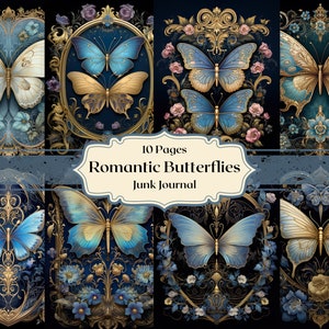Romantische vlinders digitale papier blauwe vlinders achtergronden Scrapbook papier goud Rococo Junk Journal Fantasy Journal