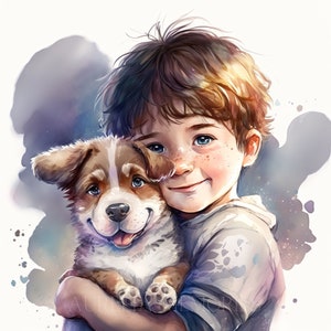 Boy with Dog Watercolor Clipart Wall Decor Boy Portrait Children and Animals Clipart Cute Child Dog Illustration DIGITAL DOWNLOAD