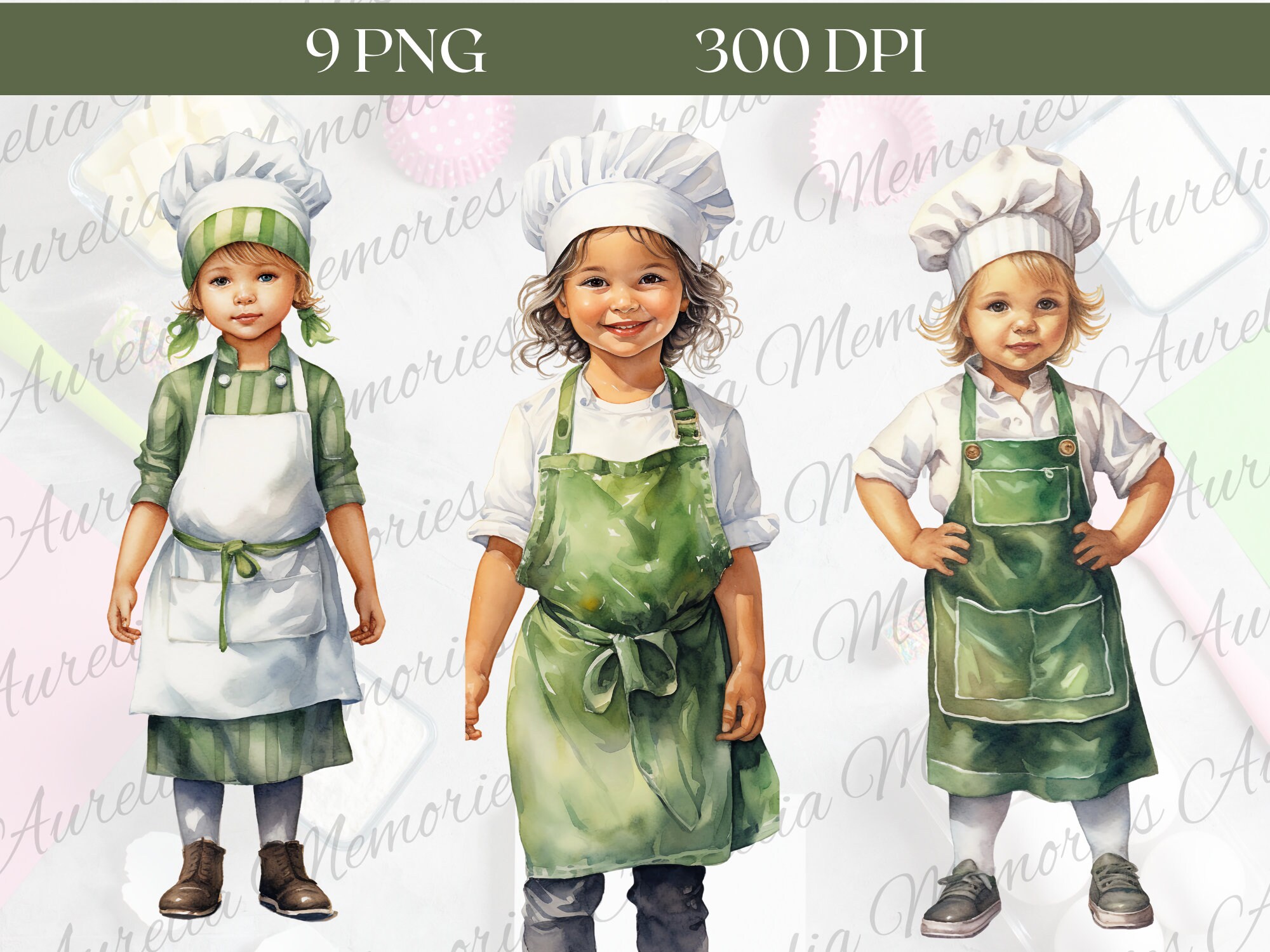 Cute Little Chef Clipart 9 PNG Files Watercolor Chef Girl With Green ...