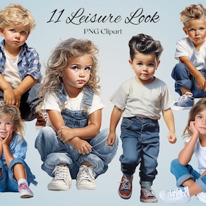 Kleine meisjes & jongens Leisure Clipart 11 PNG-bestanden aquarel kleine meisjes en jongens in Leisure Look Fashion illustratie Clipart bundel