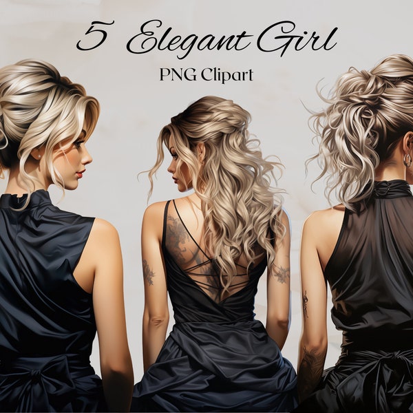 Elegant Ladies Back View Watercolor Clipart 5 PNG files Girl with Elegant Black Dress Fashion Vogue Illustration-DIGITAL DOWNLOAD