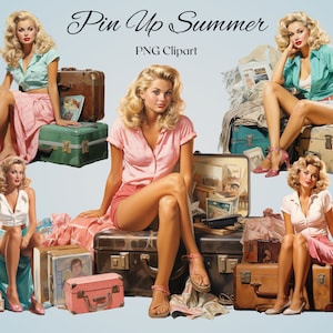 Clipart de viagem de verão feminino 10 arquivos PNG aquarela menina sentada na mala vintage ilustração vintage férias clipart scrapbooking