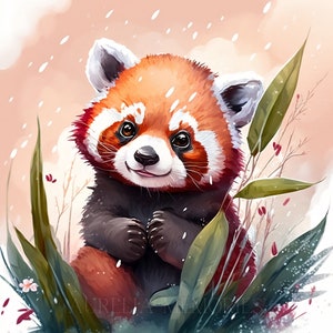 Panda rojo en imágenes prediseñadas de flores de acuarela - Archivo de descarga digital para decoración de pared, amantes de los animales, amantes de la naturaleza, fauna bebé panda