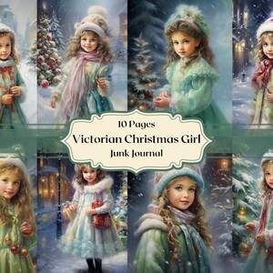 Christmas Victorian Girl Digital Paper Watercolor Girl Paper Scrapbooking Pastel Green Winter Junk Journal Shabby Background