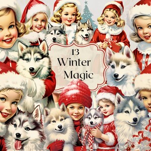Rétro filles Noël Clipart 13 fichiers PNG petites filles avec Husky hiver Clipart Vintage Illustration Junk Journal Scrapbooking