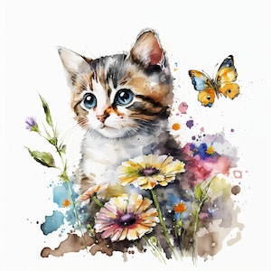 Adorable Cat in Flowers Watercolor Clipart - Digital Download File for Wall Decor Kitten Watercolor Floral Design Baby Cat Art