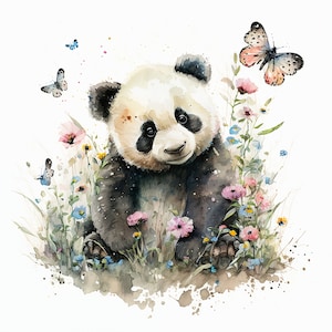 Panda lindo en imágenes prediseñadas de acuarela de flores - Archivo de descarga digital para decoración de pared Panda Acuarela Diseño floral Bebé Panda Arte
