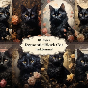 Romántico Gato Negro Papel Digital Gato Mágico Fondos Scrapbook Papel Rococó Diario Papel Gato Negro Ephemera