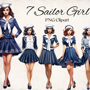 Marins fille Vintage Clipart aquarelle 7 fichiers PNG nautique fille ancre été bleu blanc rayures Clipart Bundle - téléchargement numérique