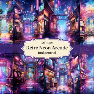 Retro Neon Arcade Papel digital imprimible acuarela Arcade Papel Scrapbooking Arcade Hall Junk Journal Fondos de juegos