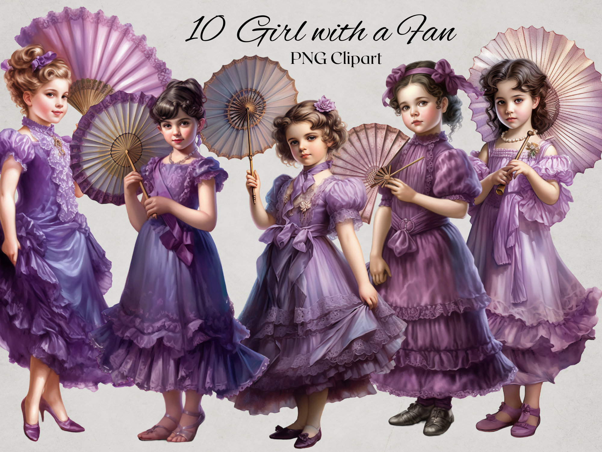 Victoriaanse kleine meisjes met Fecher Clipart 10 PNG-bestanden aquarel  paarse kleine meisjes Vintage illustratie ongewenste Journal Scrapbooking -  Etsy België, image size:2000x1500