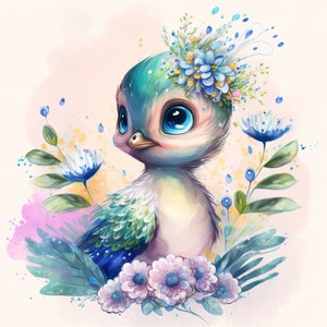 Peacock Watercolor Clipart Nursery Decor Baby Peacock Watercolor Cute Baby Peacock Flowers Watercolor Clipart Peacock Clipart -DIGITAL DOWNLOAD