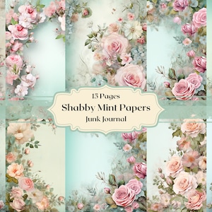 Shabby Mint Digital Paper Vintage Paper Scrapbooking Girly Paper Pink Roses Junk Journal Paper Romantic Paper Shabby Chic
