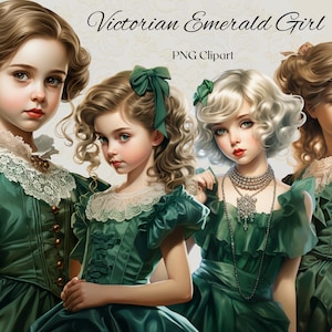 Vittoriano Emerald Girl Clipart 15 file PNG Ragazza dell'acquerello con abito color smeraldo Illustrazione Vintage Junk Journal Scrapbooking