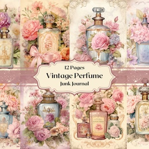 Fragancia victoriana papel digital perfumes antiguos con flores papel de álbum de recortes viejo papel de diario basura vintage imprimible