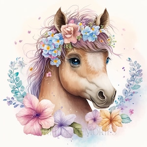 Horse Watercolor Clipart Nursery Decor Baby Pony Clipart Cute Baby Animal Watercolor Horse Flowers Watercolor Wall Decor DIGITAL DOWNLOAD