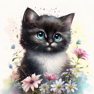 Cat Watercolor Clipart Nursery Decor Baby Black Cat Watercolor Cute Fluffy Baby Kitten Flowers Watercolor -DIGITAL DOWNLOAD