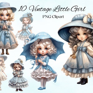 Vintage Little Girl Clipart 10 archivos PNG Retro Girl acuarela Clipart ilustración muñeca Clipart paquete moda - DESCARGA DIGITAL