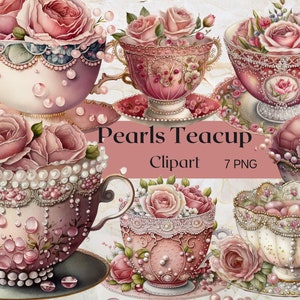 Perle Rose Teacup Acquerello Clipart - 7 file PNG di alta qualità Pink Pearls Teacups Clipart Coppe Card Making -DIGITAL DOWNLOAD