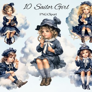 Vintage Sailor Little Girls Clipart Aquarelle 10 PNG Files Nautical Retro Girl Sitting on Cloud Clipart Bundle - DIGITAL DOWNLOAD