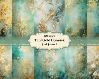 Tattered Teal Gold Damask Digital Paper Teal and Gold Paper Scrapbooking Damask Pattern Junk Journal Paper Vintage Ephemera