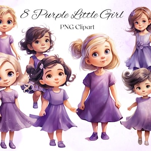 Cute Little Girls Clipart 8 file PNG acquerello ragazza con vestito viola Clipart illustrazione bambini Clipart Bundle DOWNLOAD DIGITALE