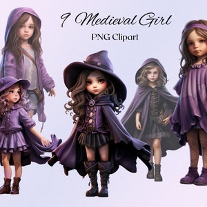 中世の小さな女の子のクリップアート 9 PNG ファイル中世の紫色の女の子の水彩クリップアート イラスト クリップアート バンドル-デジタル ダウンロード